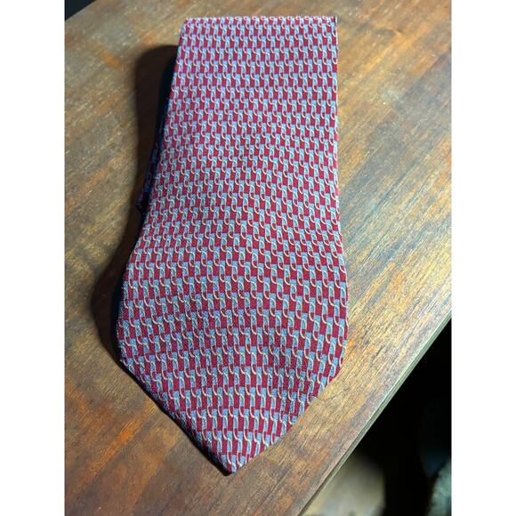 Kenneth Cole Mens 100% Silk Neck Tie Dark Red Gold Light Blue Chain Pattern - Picture 8 of 10